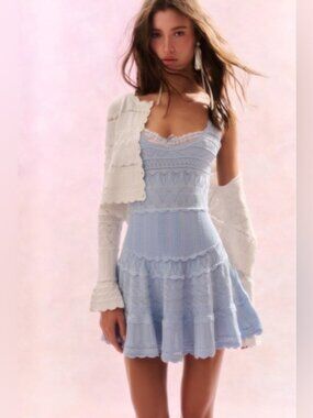 LoveShackFancy Ronelle Pointelle Scallop Mini Dress In MORNING TIDE, brand new.